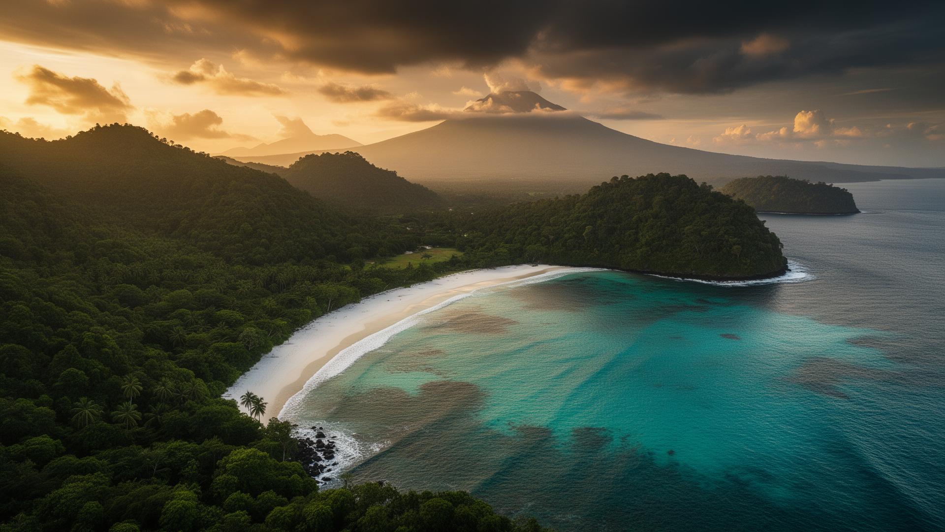Tropische kustlijn van Lombok bij zonsondergang